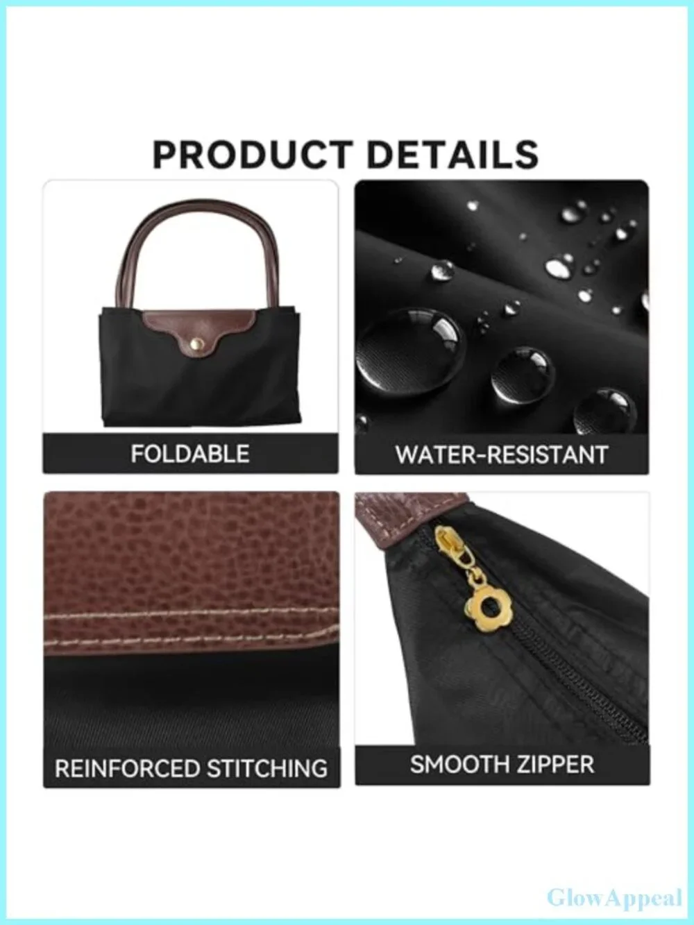 Foldable Nylon Tote Bag with Zipper, 15-inch Laptop Work Handbag
